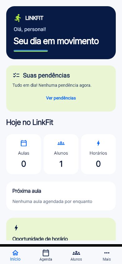 Tela inicial do LinkFit, com pendências, aulas, alunos e horários